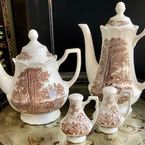 Royal Staffordshire Romantic England by J & G Meakin ~ Includes Romantic England Teapot ~ Coffee Pot ~ Salt Shaker and Pepper Shaker