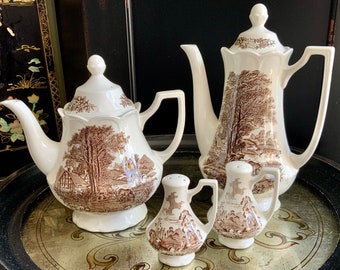 Royal Staffordshire Romantic England by J & G Meakin ~ Includes Romantic England Teapot ~ Coffee Pot ~ Salt Shaker and Pepper Shaker