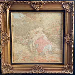 Fabulous Vintage French Jaquar Aubusson Style Woven Petit Point Tapestry in Ornate Antiqued Gold Frame ~ Made in France ~ Renaissance