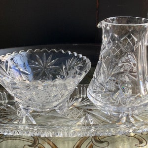 Fabulous Vintage Pinwheel Heavy Crystal Creamer, Footed Sugar Bowl and Tray