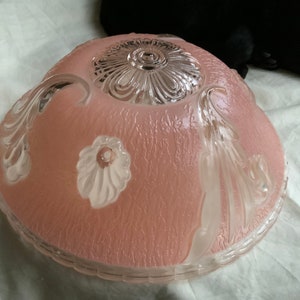Incredible French Art Deco Powder Pink Glass Light Shade ~ Textured Raised Glass Design with Scalloped Edge ~ Raised Clear Glass Tulips
