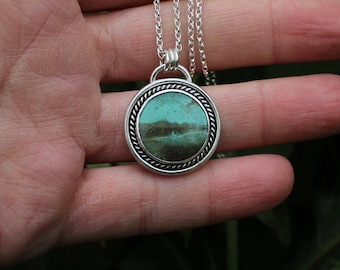 Sterling Silver Opal Petrified Wood Necklace, Porthole Pendant, Landscape Pendant, Turquoise Necklace, Nature Lover Gift, 18'' Belcher Chain