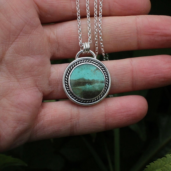 Sterling Silver Opal Petrified Wood Necklace, Porthole Pendant, Landscape Pendant, Turquoise Necklace, Nature Lover Gift, 18'' Belcher Chain