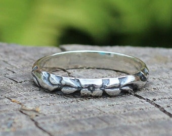 Sterling Silver Ring, 925 BOTANICAL Floral Band, Silver Dainty Patterned Band Stacking Ring, Nature Inspired Jewellery, UK O 1/2