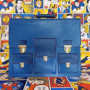 Vintage 80s Two-Tone Vinyl Satchel | Large 80s Blue Textured PVC Satchel | Retro Briefcase | Made in GDR