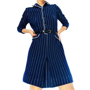 Maglieria Di Lusso Vintage 70s Wool Dress | Seventies Navy Blue Wool Short Dress with White Graphic Pattern | Italian Designer