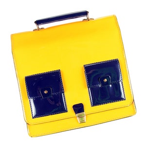 Vintage 60s Glossy PVC Yellow and Navy Blue Small School Bag | Retro Glossy Vinyl Schoolbag from the Sixties