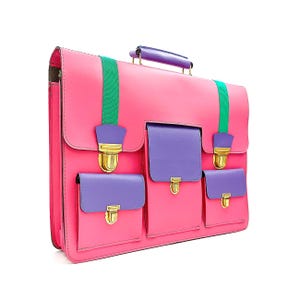 80s Vintage School Bag | Large Retro Pink and Purple Vinyl School Bag | French Vintage Retro Satchel | Deadstock