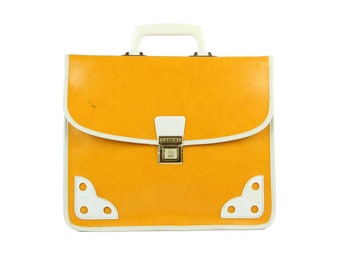 Borsa vintage in PVC giallo anni &#39;60 | Vecchia borsa da scuola piccola in vinile giallo e bianco