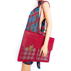 Large Vintage 80s raspberry red vinyl school bag with pink tartan pattern | PVC school bag | Made in GDR | Deadstock