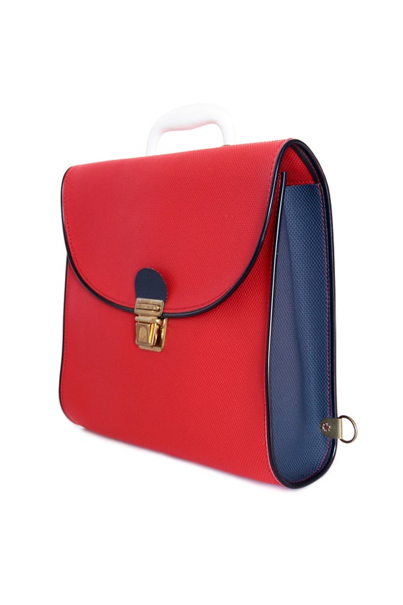 Small vintage 70s satchel in red and navy blue te… - image 3