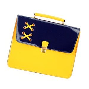 Vintage 60s School Bag in Yellow and Navy PVC | Small School Bag in Shiny Yellow and Navy Vinyl from the Sixties