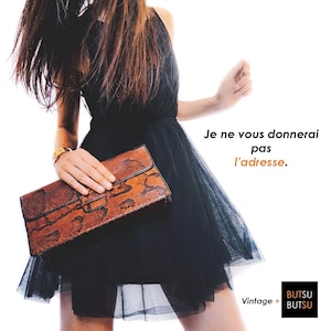 Pochette Vintage 60s en peau de python brun et roux et cuir | Sac à main en cuir exotique des Seventies