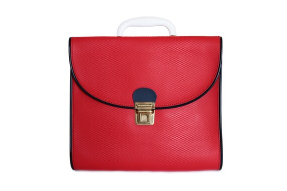 Small vintage 70s satchel in red and navy blue te… - image 2