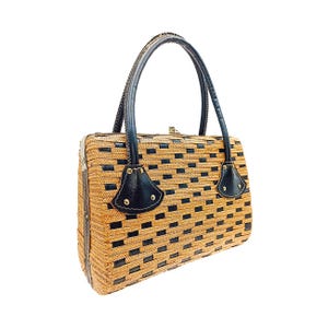 Vintage 60s Wicker Handbag | Large wicker bag in natural woven wicker and black vinyl | Boho look | Unique French piece from the 60s