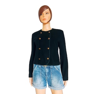 Vintage Cacharel short jacket in black wool, gold buttoned, made in France, 90s, minimalist chic | Size 36 S