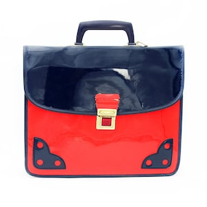 Vintage 60s Glossy PVC School Bag in Red and Navy Blue | Vintage Glossy Vinyl School Bag from the Sixties in Red and Navy Blue