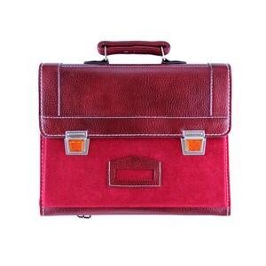 Cartable Vintage 80s | Ancien cartable d'écolier en cuir et vinyle rouge bordeaux