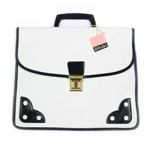 Cartable vintage 60s en vinyle blanc et bleu marine | Sac à main rétro des années 60 | Deadstock | Made in France