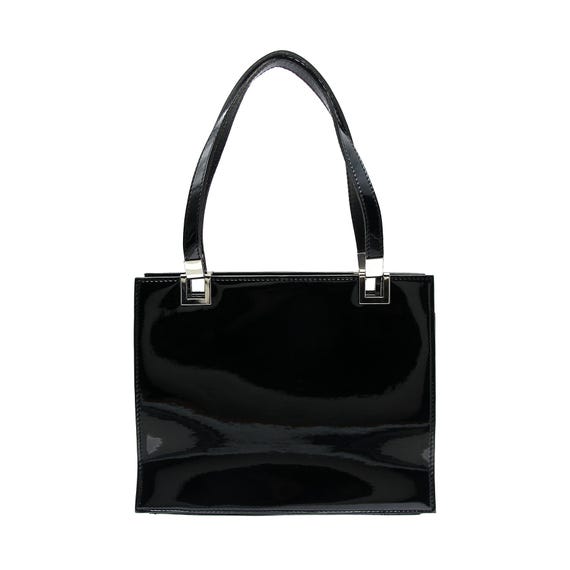 Sac à Main Vintage Années 50/60 - Cuir Verni Imitation Python, Noir Brillant, Occasion Très Bon état