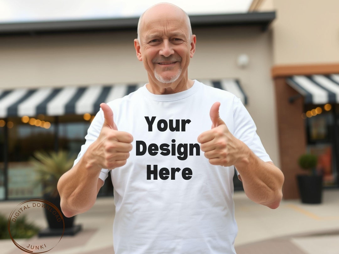 Older Male Model White T-shirt Mockup JPG & PNG Balding Men
