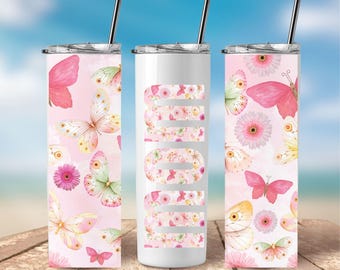 MOM Seamless Design Tumbler Wrap sublimation Pink Butterflies Flowers Instant Download Floral digital file for Skinny 20oz Tumblr PNG