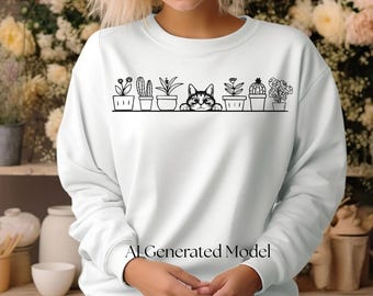 猫と植物のSVG/PNG画像：猫好きのためのTシャツデザイン（デジタルダウンロード）