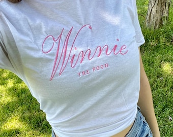 Pink Winnie the Pooh Coquette Baby Tee, Embroidered Crop Top