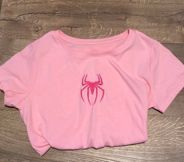 Pink Aesthetic Spider Man Logo Embroidered Crop Top and Baby Tee