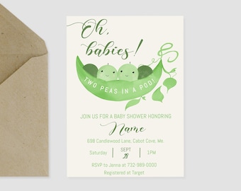 Two Peas in A Pod - Twin Baby Shower Digital Invite Baby Shower Invitation