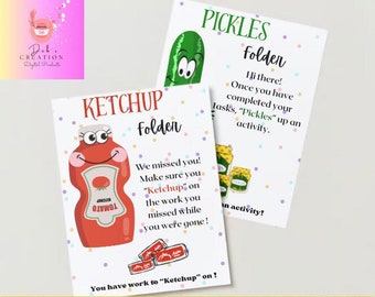 Peut inclure: Deux cartes imprimables fantaisistes avec des motifs sur le thème de la nourriture. Une carte présente une bouteille de ketchup souriante et le texte "Ketchup Folder". L'autre carte a un cornichon souriant et le texte "Pickles Folder".