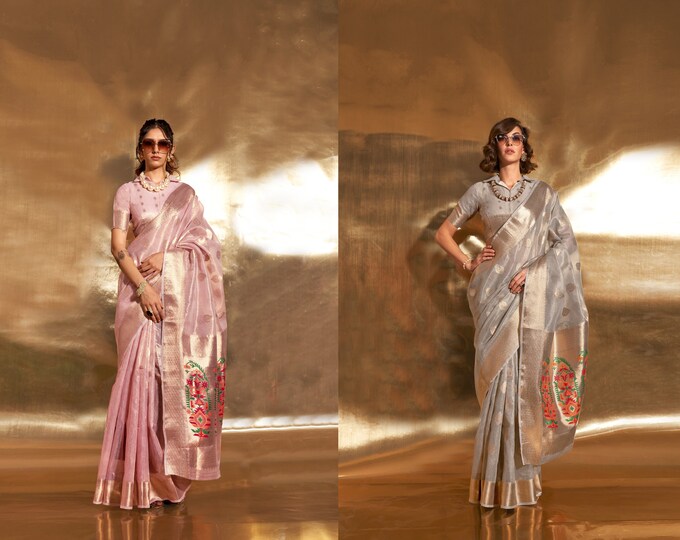 Ready-to-Wear Linen Saree with Zari Border & Printed Design | 1 Minute Saree(HRTW61