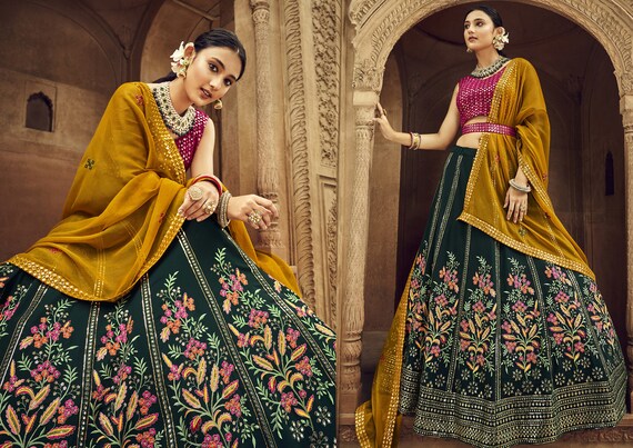 Grey & Yellow Embroidered Viscose Bridal Lehenga Choli 2988LG11