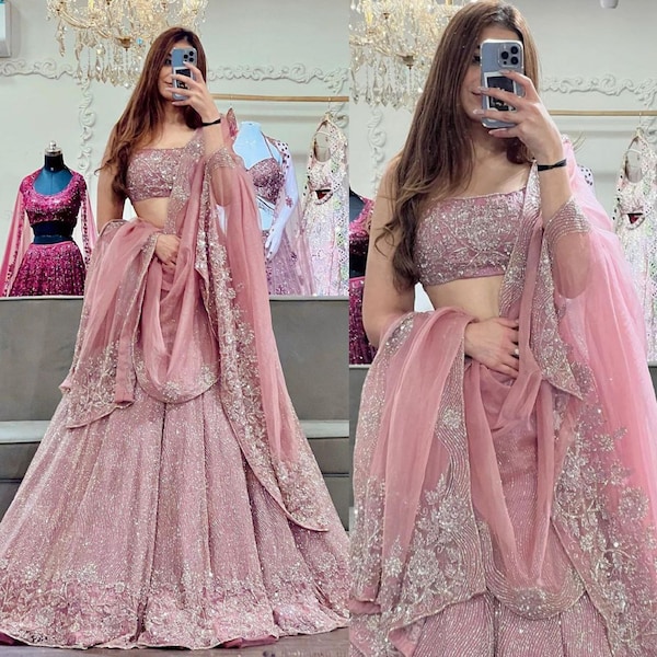 Sabyasachi Designer peach-pink Lehenga Choli Embellished With Beautiful Shimmer Dori Work Wedding Lehenga Choli Party Wear Lehenga Choli