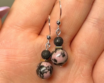 Rhodonite, Hematite, and Lava Rock Bead Sterling Silver Dangle Earrings