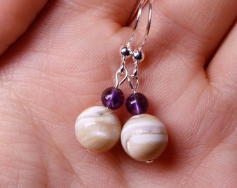 Mother of Pearl and Amethyst Sterling Silver Dangle Earrings