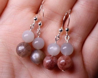 Sunstone and Moonstone Sterling Silver Dangle Earrings