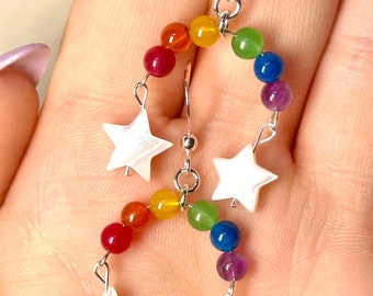 Rainbow Crescent Star or Heart Bead Pride Sterling Silver Dangle Earrings or Necklace
