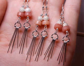 Sunstone Disk and Sparkle Bead Sterling Silver Dangle Earrings