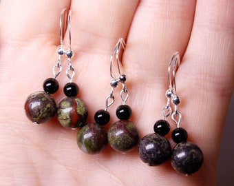 Dragon's Blood Jasper and Silver OR Black Jasper Bead Sterling Silver Dangle Earrings