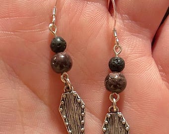 Garnet and Lava Stone Coffin Charm Sterling Silver Dangle Earrings