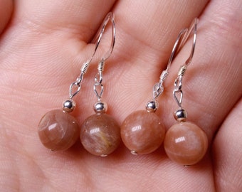 Sunstone and 3mm Bead Sterling Silver Dangle Earrings