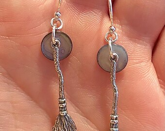 Blue Shell Moon Broomstick Charm Sterling Silver Dangle Earrings or Necklace