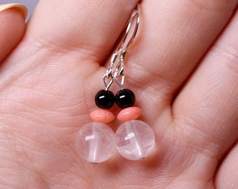 Rose Quartz, Pink Coral, and Black Jasper Sterling Silver Dangle Earrings