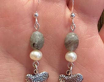 Aquamarine and Pearl Shark Tooth Charm Sterling Silver Dangle Earrings or Necklace