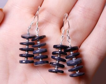 Blue or Teal Natural Shell Stack Sterling Silver Dangle Earrings
