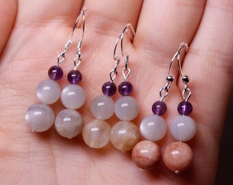 Sunstone, Moonstone, and Amethyst Sterling Silver Dangle Earrings; Cute Pretty Fancy Gemstone Birthstone Pink Orange Blue Purple