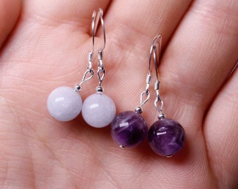 Amethyst OR Aquamarine with 2mm Bead Sterling Silver Dangle Earrings