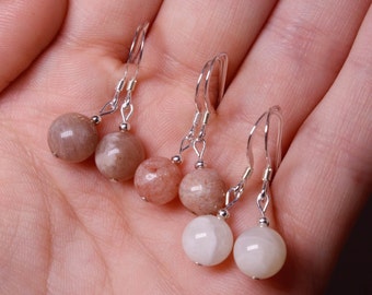 Sunstone and 2mm Bead Sterling Silver Dangle Earrings