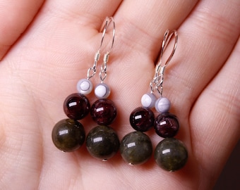 Labradorite, Garnet, and Mother of Pearl Sterling Silver Dangle Earrings